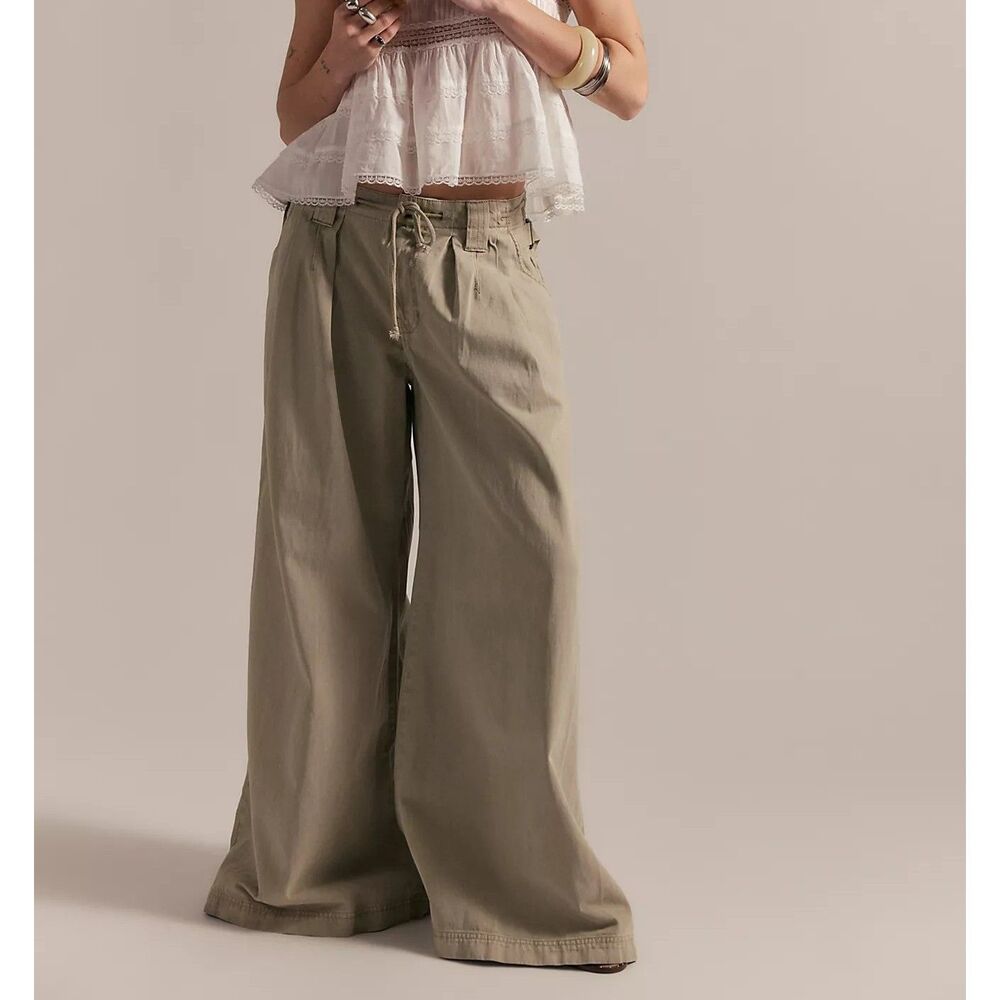 Free People Julien Wide-Leg Chino Trouser Pants Low Rise Pullon Cotton M 291438